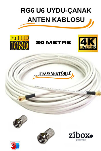 Zibox 20 Metre F Konnektörlü 64 Tel Rg6/u6 Full Hd 3d 4k Anten Tv Çanak Uydu Lnb Kablosu