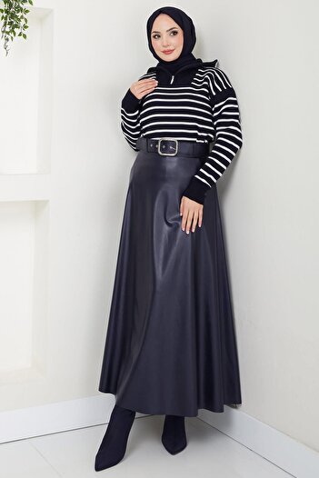 hafsamina Belted Leather Skirt Navy Blue Hm2641