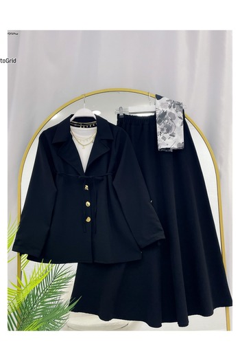 YEDİLALE Gold Button Detail Lace-Up Jacket Skirt Double Set