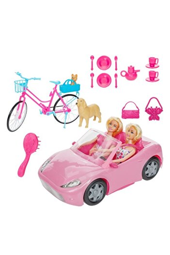 ANTBRO Playset Antbro® 2 blonde dolls with convertible car and bicycle with basket, pink