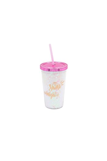 NO BRAND Plastic tumbler with straw, holographic sequins, white, 500 ml