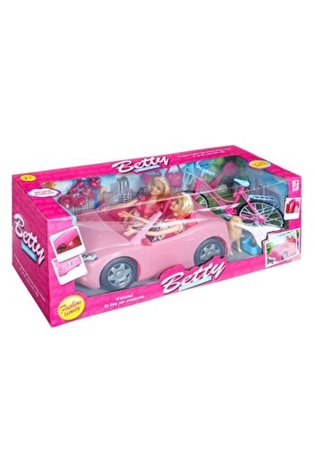ANTBRO Playset Antbro® 2 blonde dolls with convertible car and bicycle with basket, pink