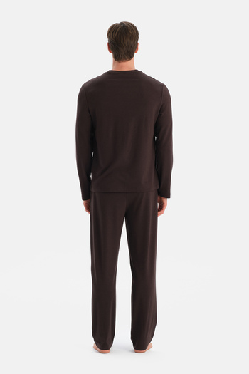 Eros Dark Brown V-Neck Pocket Detail T-Shirt Pants Set