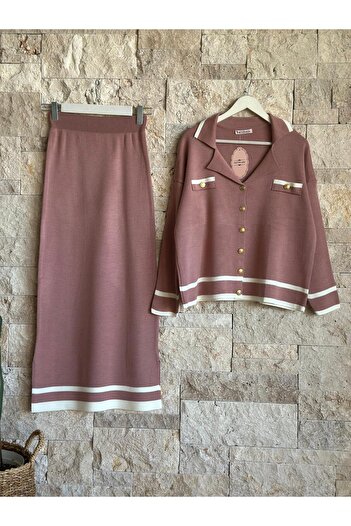 Hatun Atila Hatunatila Gold Buttoned Skirted Knitwear Set Pink - 5030