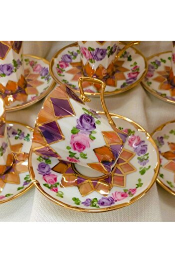BY.RAYKA PORSELEN El Dekor Porcelain Hand Painted 6 Piece Coffee Cup Set