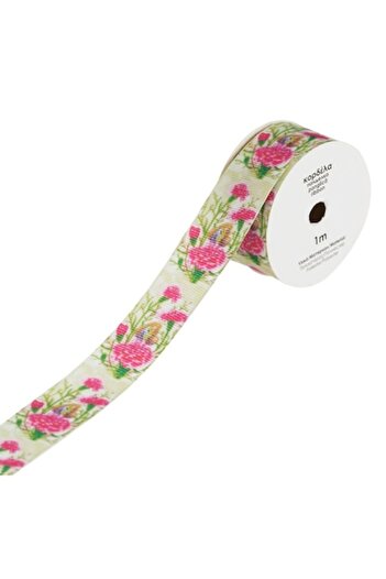 OEM Satin Ribbon, Fuchsia Flower Design, Green, Size 1m x 2.5cm