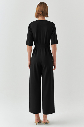 Exquise Belted Short Sleeve Zipper Closure Knitted Slim Fit Jumpsuit