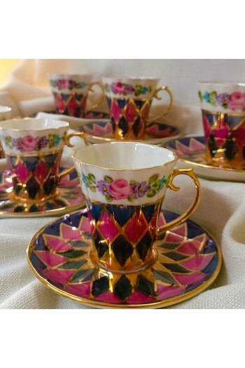 BY.RAYKA PORSELEN El Dekor Porcelain Hand Painted 6 Piece Coffee Cup Set