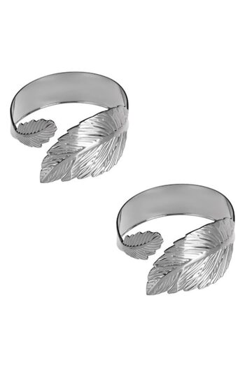 ANTBRO Set 2 metal rings Antbro® for napkin, leaf design, silver color, 4.3x3cm