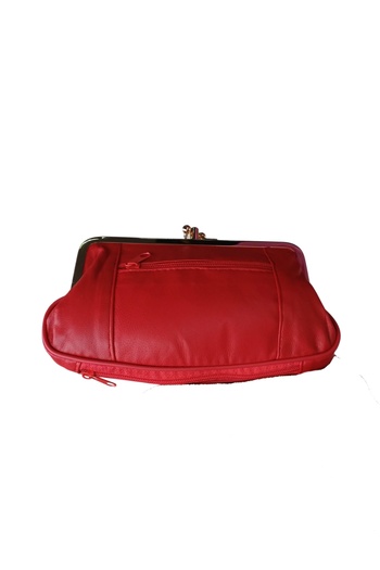 KY Genuine Leather Red Clip-On Scholarship Multi-Pocket Women's Handbag Wallet Card Holder