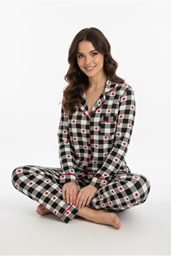 Bravie Luxury Viscose Black and White Checkered Heart Patterned Women's Long Sleeve Pajama Set – 42564
