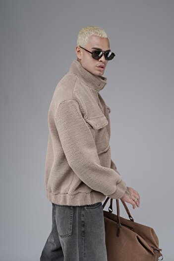 king brich Oversize Kalıp Çıtçıt Kapamalı Logo Detaylı Peluş Ceket
