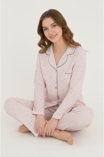 Bravie Luxury Viscose Powder Pink Tiny Heart Patterned Women's Long Sleeve Pajama Set – 42545