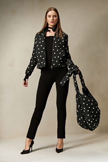 La Maison de Confiance Black Bomber Jacket with Polka Dots 'Luna'