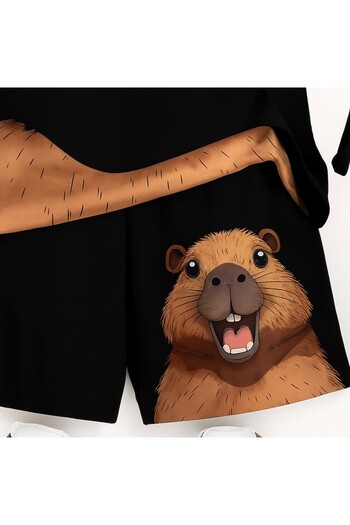 OEM Summer Boys Suit – 2 Pieces, Black, Capybara Model, T-shirt + Shorts, 5–13 Years