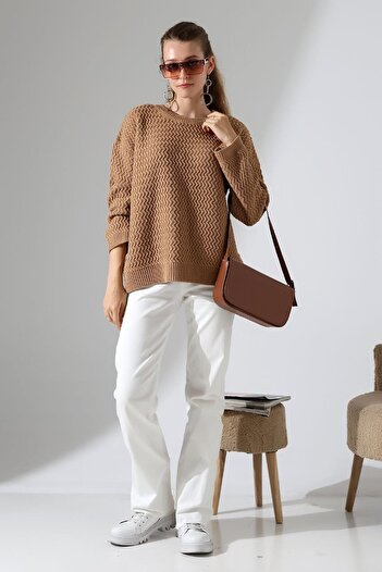 LADY HAZAL Brown Crew Neck Soft Textured Basic Knitwear Hijab Sweater