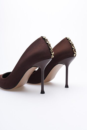 Mubiano Lunara Women's Brown Nubuck Pointed Toe High Thin Heeled Stiletto Shoes with Gold Accessories (9.5 cm