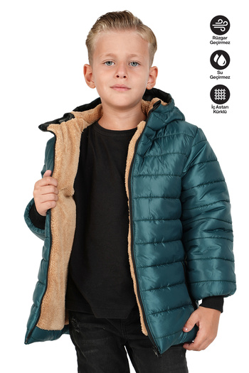 JARMO KİDS Boy's Waterproof and Windproof Fur-Lined Hooded Coat with Straight Line Pattern