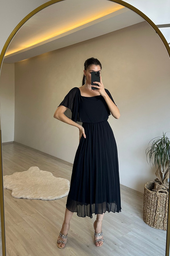 Neşeli Butik Women Off Shoulder Pleated Midi Chiffon Dress Nm006