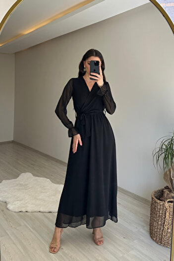 Neşeli Butik Women Long Sleeve Belted Maxi Chiffon Dress Nm001