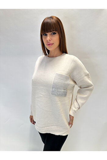 IFASTFASHION Women's blouse with decorative pocket with rhinestones - elegant casual model for autumn-winter