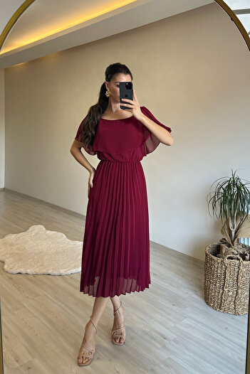 Neşeli Butik Women Off Shoulder Pleated Midi Chiffon Dress Nm006