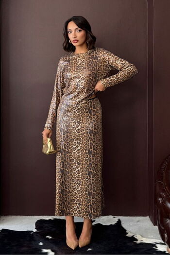 Ecenin Favorileri Leopard Print Sequin Day and Night Elegance Women's Long Skirt