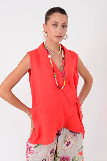 Park Moda 14987 Crocheted Detail Sleeveless Linen Blouse