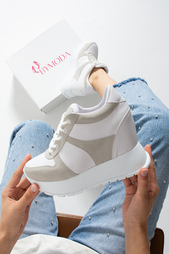 Bymoda New Season White Hidden Wedge Heeled Sports Shoes Total Height 10 cm