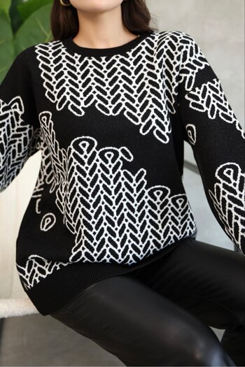 LADY HAZAL Black Crew Neck Soft Textured Striped Knitwear Hijab Sweater