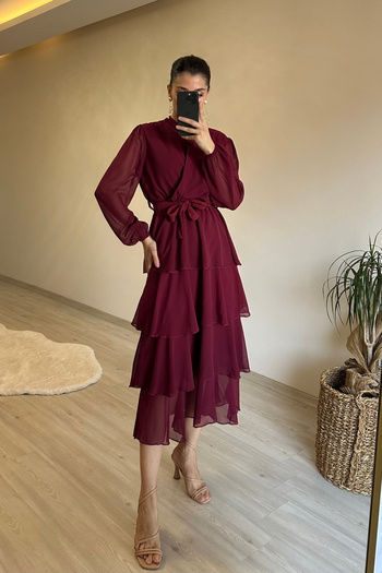 Neşeli Butik Women's Tiered Flounce Belted Midi Chiffon Dress Nm004