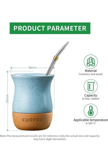 Lava Roastery Ceramic and Wood Yerba Mate Cup Mug High Quality, 8.79 oz