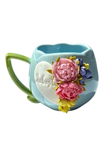 OEM Personalized Gift Mug with Polymer Clay Flowers and 'Love' Message, 350 ml, Multicolor, Handmade - Z