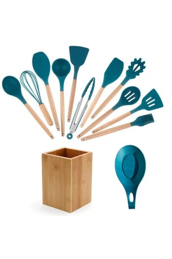 OEM 13-Piece Heat-Resistant Silicone Kitchen Utensil Set with Wooden Handle, Non-Stick, Ljon Home, Navy