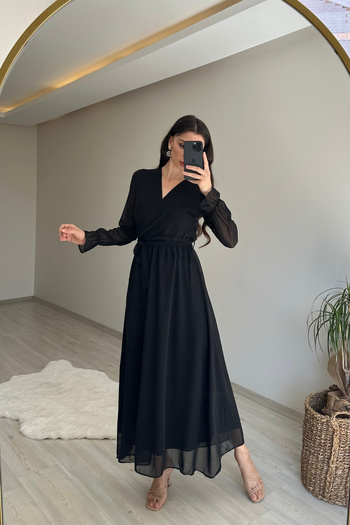 Neşeli Butik Women Long Sleeve Belted Maxi Chiffon Dress Nm001