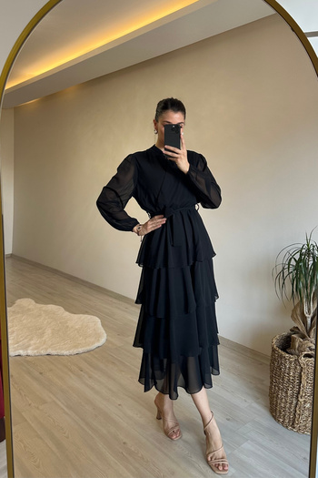 Neşeli Butik Women's Tiered Flounce Belted Midi Chiffon Dress Nm004