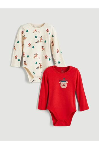 LC Waikiki Deer Printed Girls Long Sleeve Baby Boy Snap Fastener Bodysuit 2-Piece (W5)