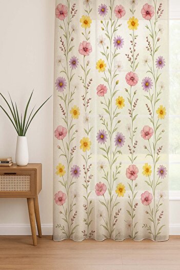 Else Dekor Colorful Flowers Patterned Digital Printing Background Curtain Living Room Kitchen Bedroom 140X260Cm