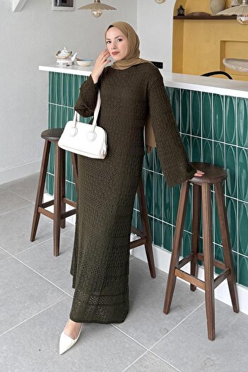 lamelif Lace Knitwear Dress Khaki
