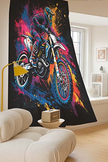 Else Dekor Colorful Biker Patterned Digital Printing Background Curtain Living Room Kitchen Bedroom 140X260Cm