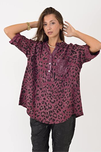 Park Moda 15451-23 Leopard Print Sequin Detail Three Button Shirt