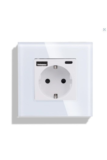 Bingoelec Complete Schuko Socket with USB A+C Port 3, 1A, 20W Fast Charge, Smart Recognition, Glass Frame, Whi