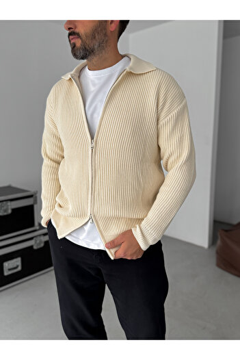 BYBASICMAN Beige Zippered Knitwear Sweat Df-002