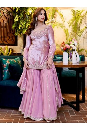 MYSMAR Pink Jimmy Choo Kurti Sharara & Dupatta - HRT3988 | Pink
