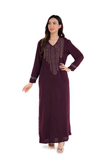 amaan Women's Long Jalabiya Dress, Embroidered Rhinestone Design, V-Neck, Floor Length