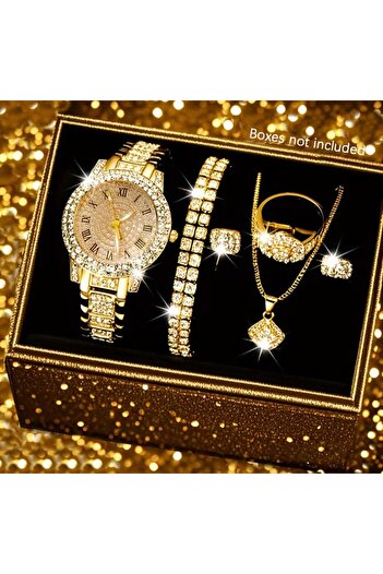beyna aksesuar Gold Plated Crystal Stones Embellished Necklace Earrings Bracelet Ring Watch Gift Set Gift for Lover