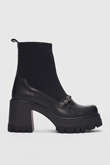 selinshoes Hygee High Sole Women's Stretch Boots with Stone Detail on the Front - Black