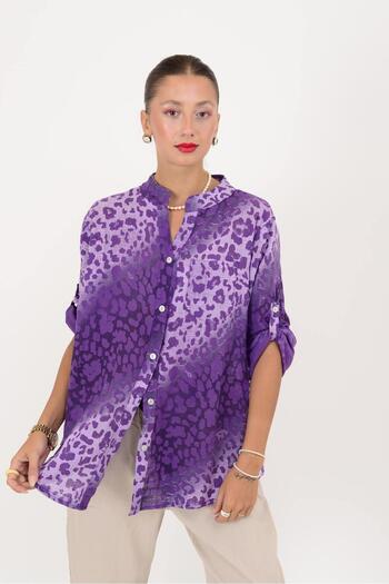 Park Moda 22045-4 Batik Leopard Pattern Hakim Collar Shirt
