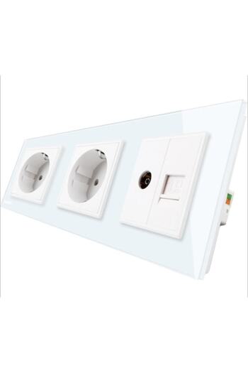 Bingoelec Triple Socket 6 Modules (2+2+2M), 2x Schuko 16A, 1x Internet Socket CAT6 RJ45, 1x TV Socket, Glass F