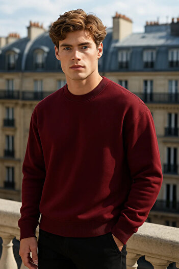COMBİNE MİCHAİL Men's Crew Neck Oversize Burgundy Sweater